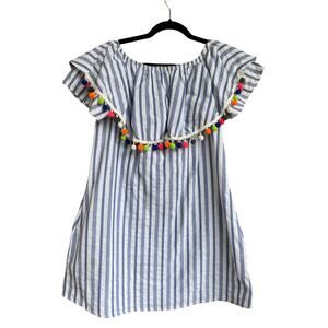 Bellamie, Size Large, Blue & White Striped Off Shoulder Mini Dress w/ Pom Poms